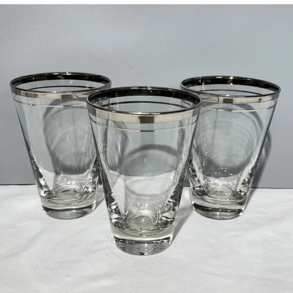 Vintage Libbey Moonmist Silver Rim Cocktail Glasses Set of 3 MCM Barware 1960s